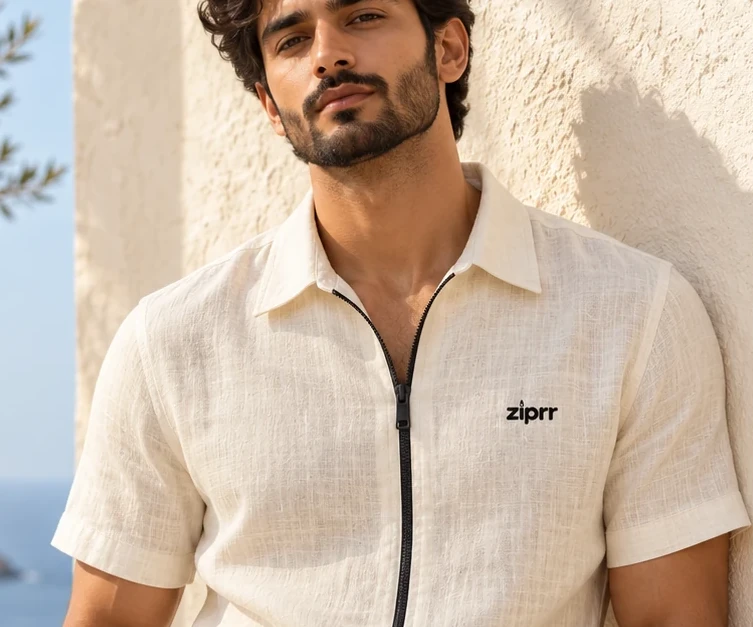 Ivory Slub Linen Zip Resort Shirt